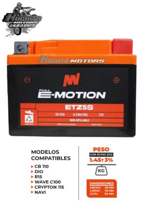 BATERIA E-MOTION ETZ5S/ ETX-4L AGM 12V 4.5Ah(10h) 50CCA 113X68X84 (-+)