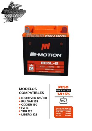 BATERIA E-MOTION EB5L-B AGM 12V 5Ah(10h) 55CCA 118X60X128 (-+)
