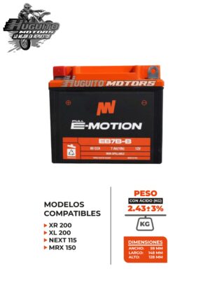 BATERIA E-MOTION EB7B-B AGM 12V 7Ah(10h) 80CCA 148X59X128 (+-)