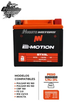 BATERIA E-MOTION ETX5L/ETZ6S AGM 12V 5Ah(10h) 80CCA 112X68X105 (-+)