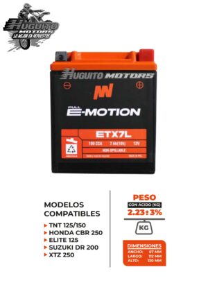 BATERIA E-MOTION ETX7L AGM 12V 7Ah(10h) 100CCA 112X67X130 (-+)