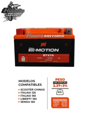 BATERIA E-MOTION ETX7A AGM 12V 7Ah(10h) 105CCA 148X84X93 (+-)