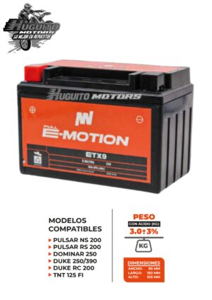 BATERIA E-MOTION ETX9 AGM 12V 8Ah(10h) 135CCA 150X85X105 (+-)