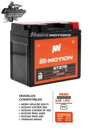 BATERIA E-MOTION ETZ7S AGM 12V 6Ah(10h) 130CCA 113X70X105 (-+)